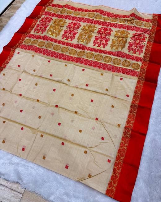 Handwoven Tant Tassar Silk Saree with Bomkai Pallu in Cream with Red