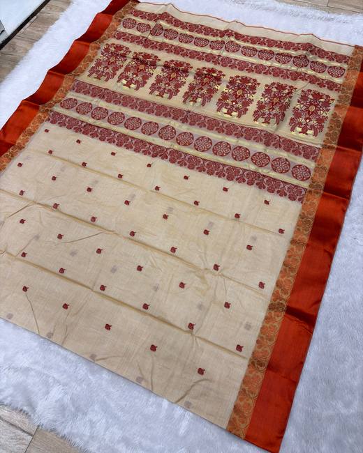 Handwoven Tant Tassar Silk Saree with Bomkai Pallu in Cream with Rust