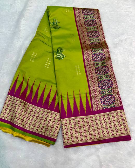 Resham Swarnachuri Silk Saree with Bomkai Border in Lime with Magenta