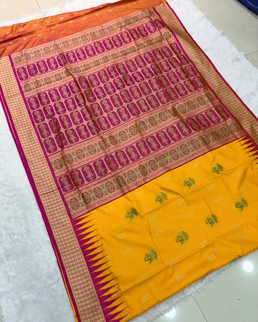 Resham Swarnachuri Silk Saree with Bomkai Border in Mustard with Magenta