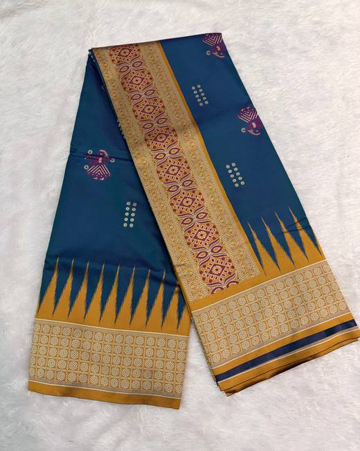 Resham Swarnachuri Silk Saree with Bomkai Border in Navy with Mustard
