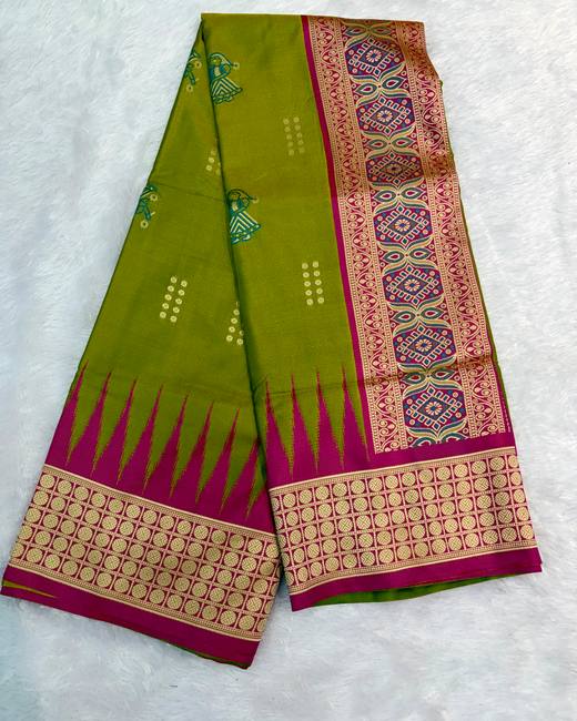 Resham Swarnachuri Silk Saree with Bomkai Border in Olive with Magenta