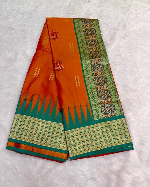 Resham Swarnachuri Silk Saree with Bomkai Border in Orange with Teal