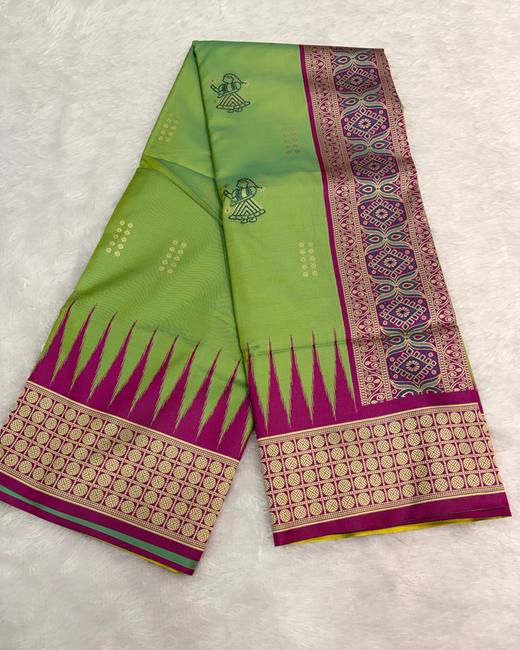 Resham Swarnachuri Silk Saree with Bomkai Border in Pistachio with Magenta
