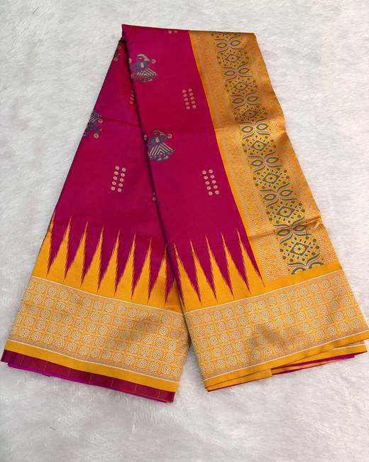 Resham Swarnachuri Silk Saree with Bomkai Border in Rani with Mustard