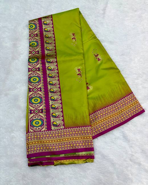 Resham Swarnachuri Silk Saree with Bomkai Border in Lime with Magenta