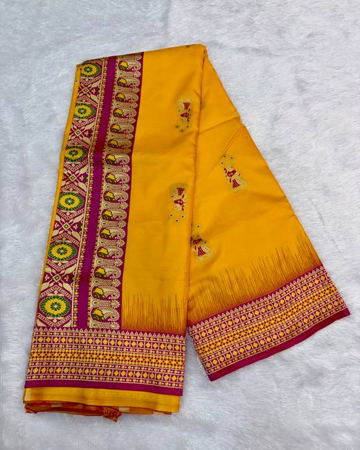 Resham Swarnachuri Silk Saree with Bomkai Border in Mustard with Magenta