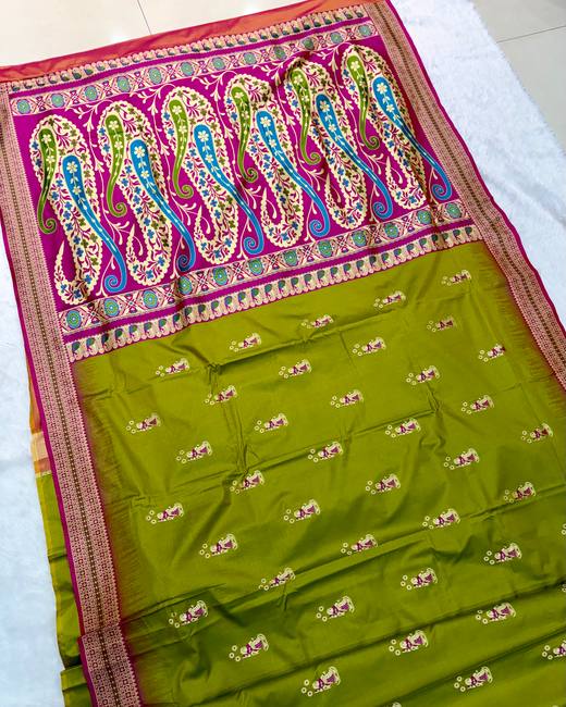 Resham Swarnachuri Silk Saree with Bomkai Border in Olive with Rani
