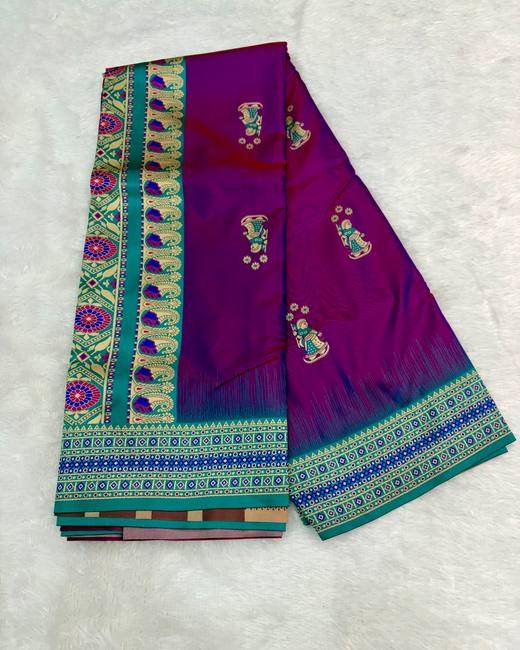 Resham Swarnachuri Silk Saree with Bomkai Border in Purple with Teal