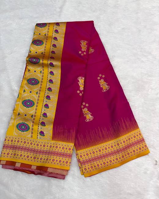 Resham Swarnachuri Silk Saree with Bomkai Border in Rani with Mustard