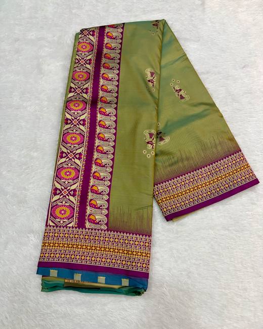 Resham Swarnachuri Silk Saree with Bomkai Border in Sage with Magenta