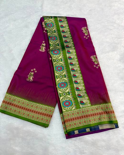 Resham Swarnachuri Silk Saree with Bomkai Border in Wine with Green