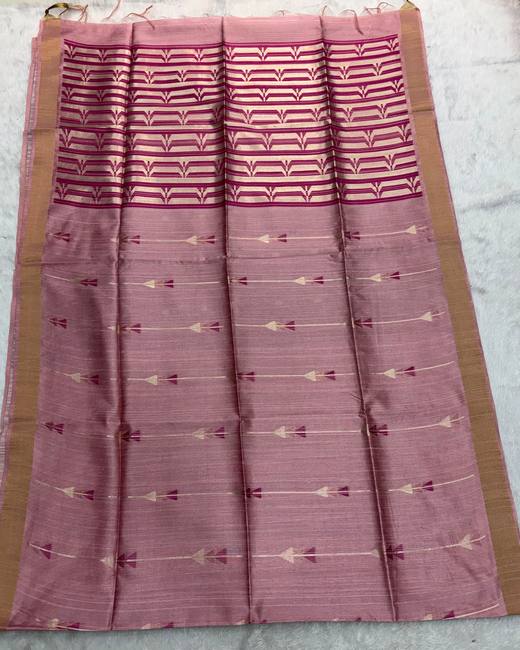Vidarbha Style Semi Tassar Silk Saree in DustyRose with Maroon