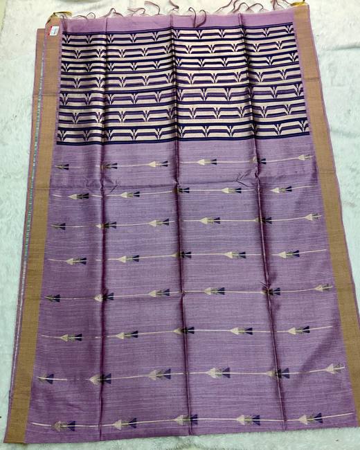 Vidarbha Style Semi Tassar Silk Saree in Lilac with Navy