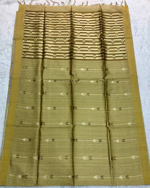Vidarbha Style Semi Tassar Silk Saree in Olive