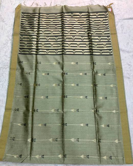 Vidarbha Style Semi Tassar Silk Saree in Sage with Black