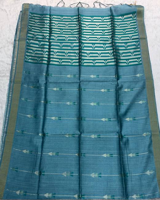 Vidarbha Style Semi Tassar Silk Saree in Teal with Olive