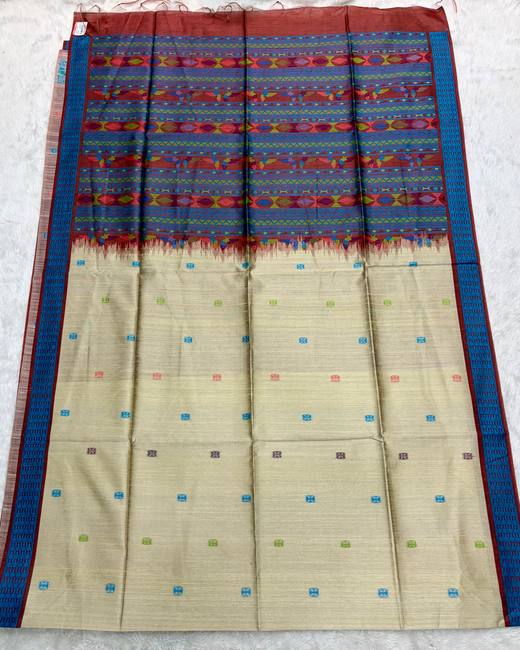 Dolaveri Style Semi Tassar Silk Saree in Cream with Blue