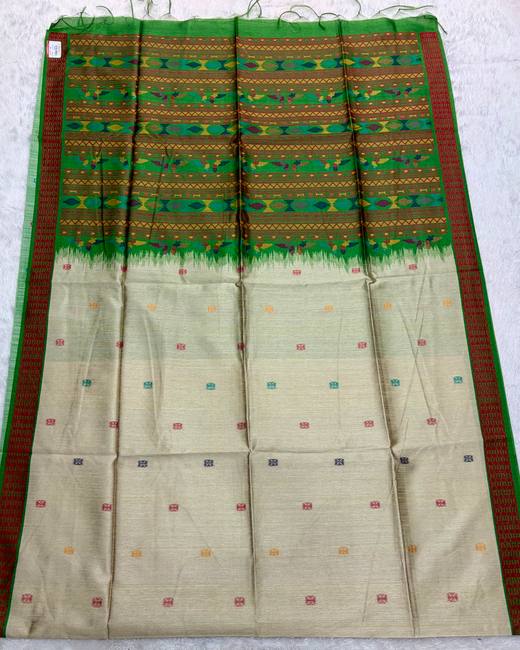 Dolaveri Style Semi Tassar Silk Saree in Cream with Green