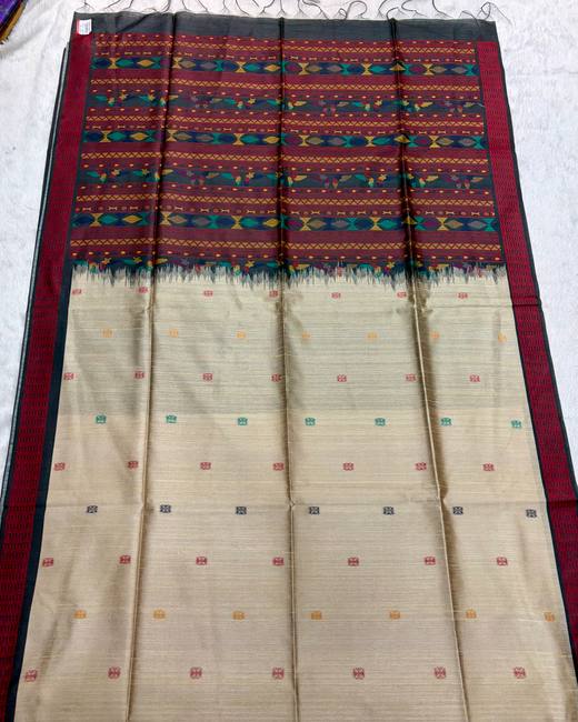 Dolaveri Style Semi Tassar Silk Saree in Cream with Maroon