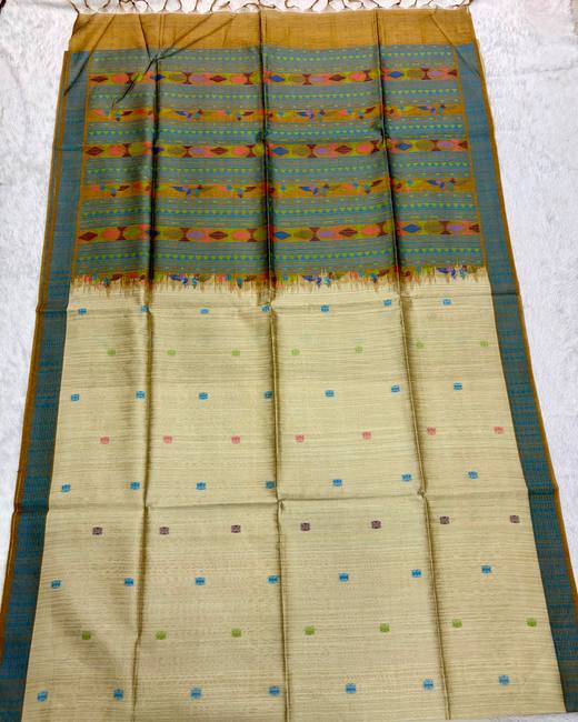 Dolaveri Style Semi Tassar Silk Saree in Cream with Mustard