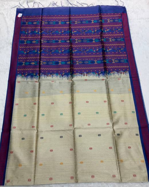 Dolaveri Style Semi Tassar Silk Saree in Cream with Navy