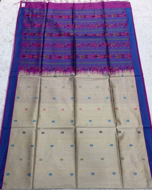 Dolaveri Style Semi Tassar Silk Saree in Cream with Purple