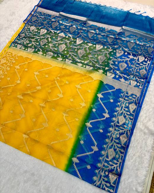 Soft Muslin Silk Jamdani Saree in Blue with Yellow