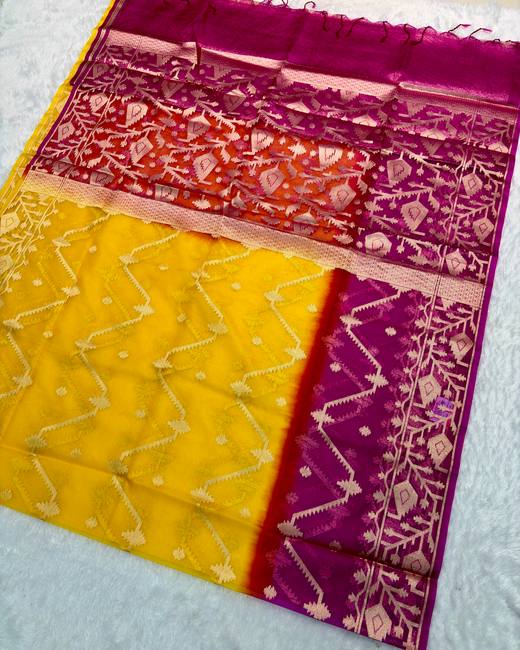 Soft Muslin Silk Jamdani Saree in Magenta with Yellow