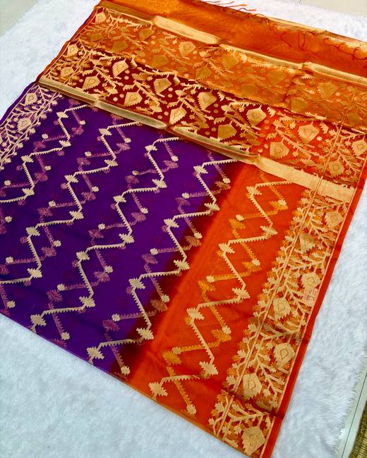 Soft Muslin Silk Jamdani Saree in Orange with Purple
