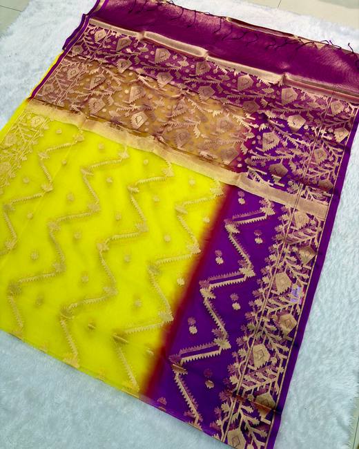 Soft Muslin Silk Jamdani Saree in Purple with Yellow