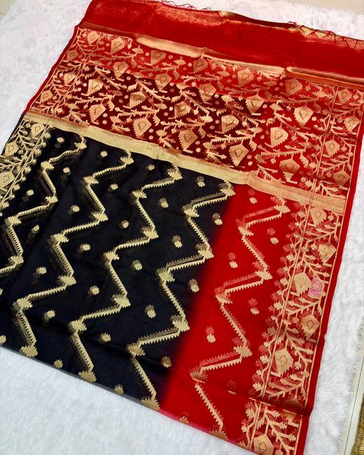 Soft Muslin Silk Jamdani Saree in Red with Black