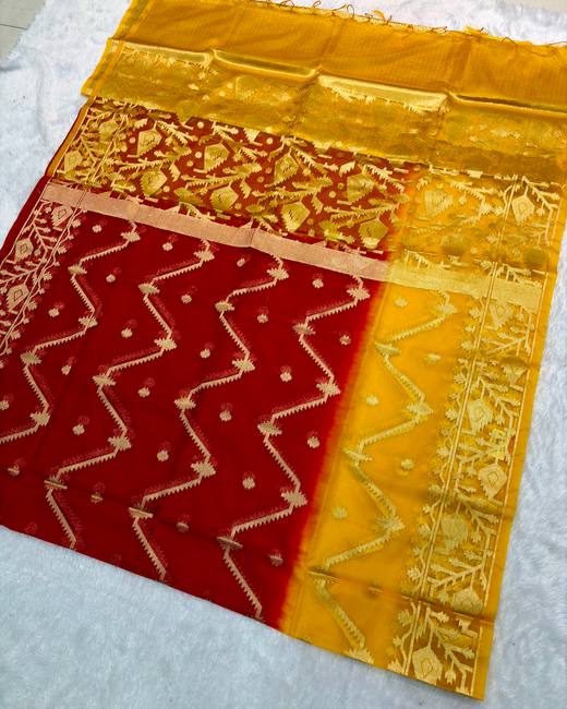 Soft Muslin Silk Jamdani Saree in Red with Mustard
