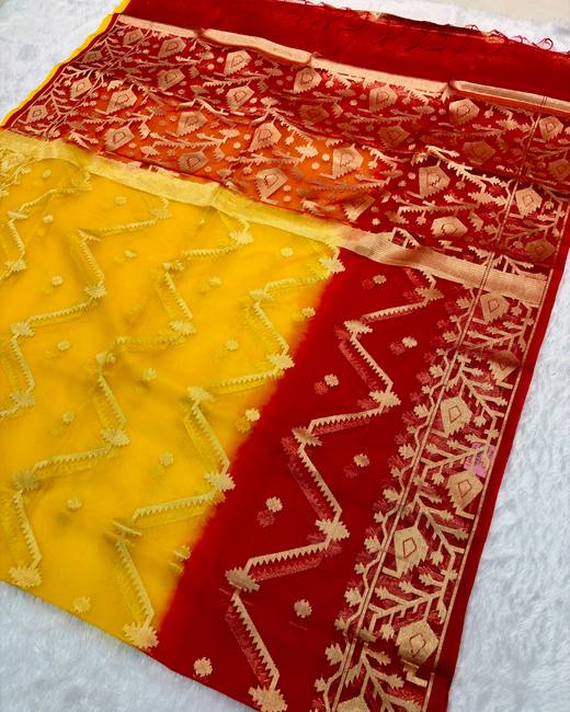 Soft Muslin Silk Jamdani Saree in Red with Yellow