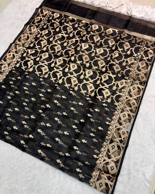 Soft Muslin Silk Jamdani Saree in Black with Gold