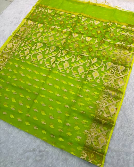 Soft Muslin Silk Jamdani Saree in Lime with Gold