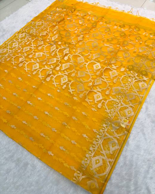 Soft Muslin Silk Jamdani Saree in Mustard with Gold