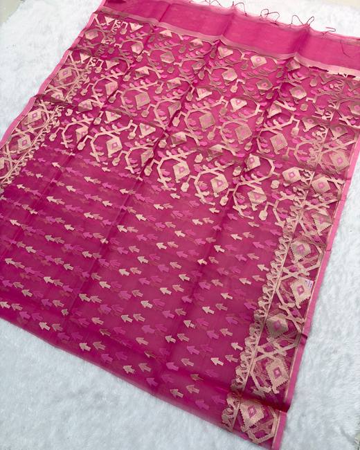 Soft Muslin Silk Jamdani Saree in Pink with Gold
