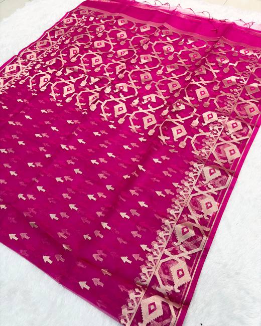 Soft Muslin Silk Jamdani Saree in Rani with Gold