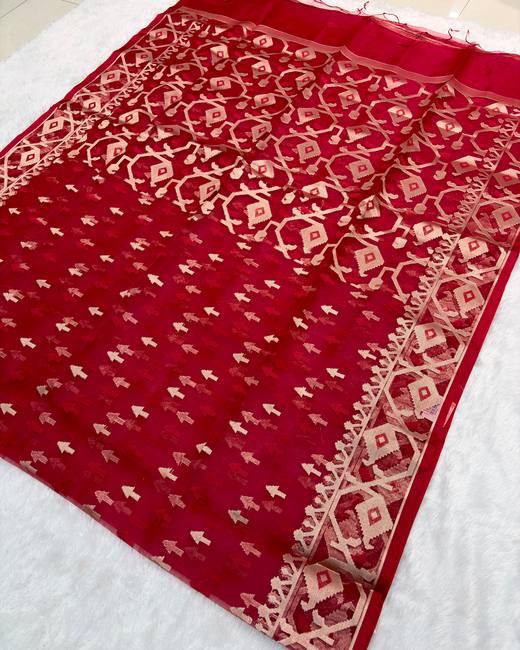 Soft Muslin Silk Jamdani Saree in Red with Gold