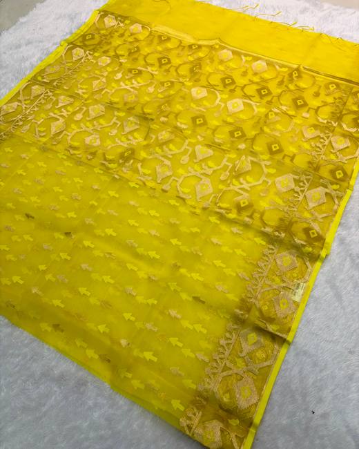 Soft Muslin Silk Jamdani Saree in Yellow with Gold