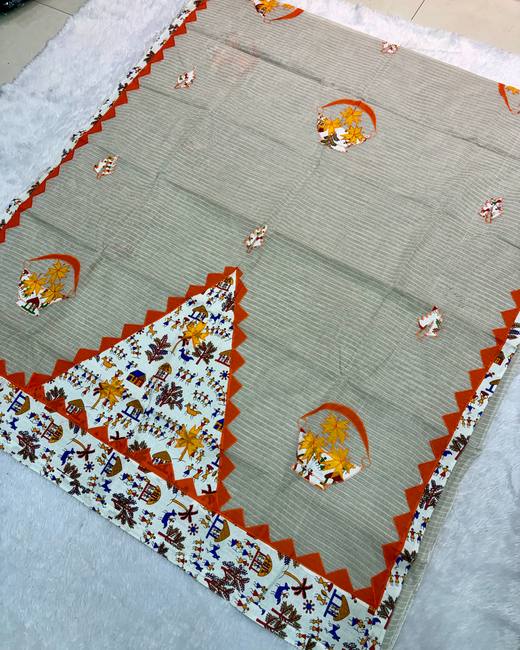 Applique Patchwork Bengal Tant Saree in Beige with Rust