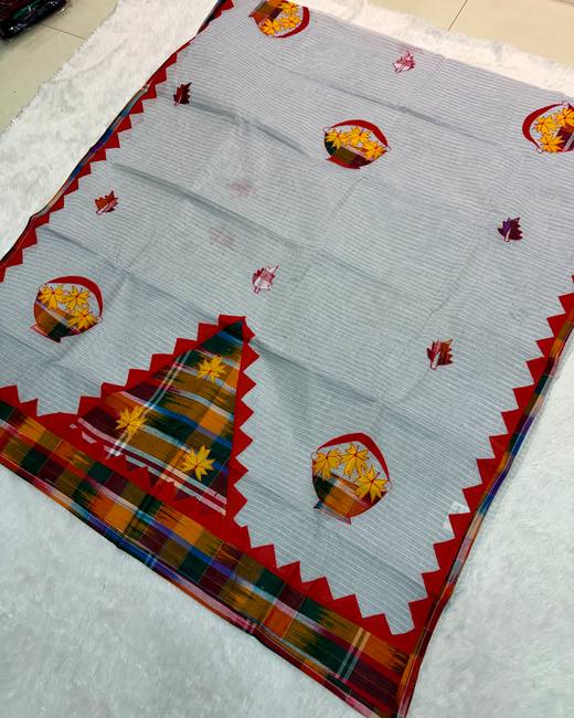 Applique Patchwork Bengal Tant Saree in Grey with Red