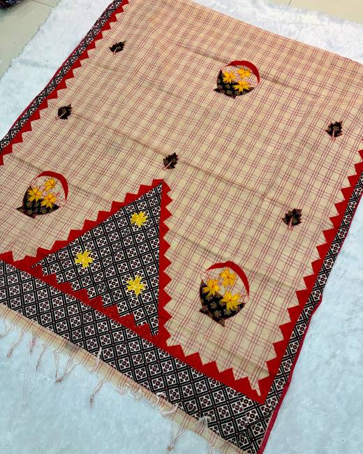 Applique Patchwork Bengal Tant Saree in Peach with Red