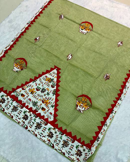 Applique Patchwork Bengal Tant Saree in Sage with Red