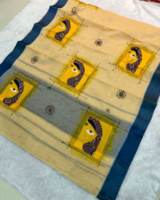 Applique Patchwork Bengal Tant Saree in Cream with Blue