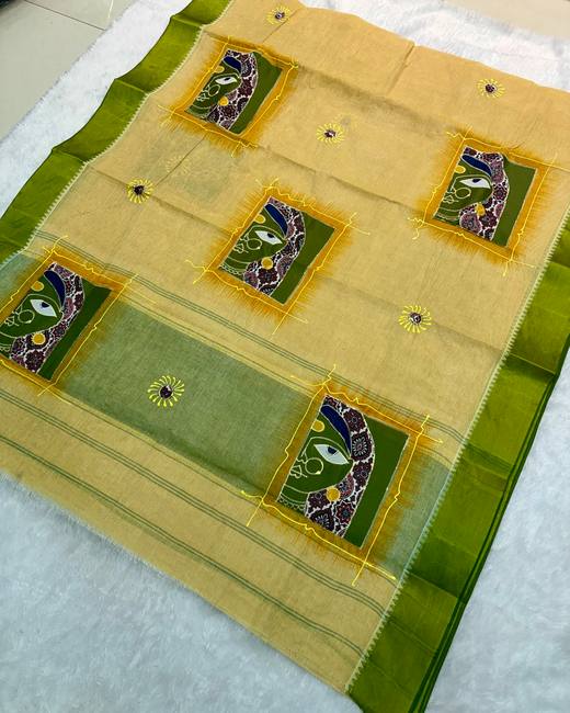 Applique Patchwork Bengal Tant Saree in Cream with Green