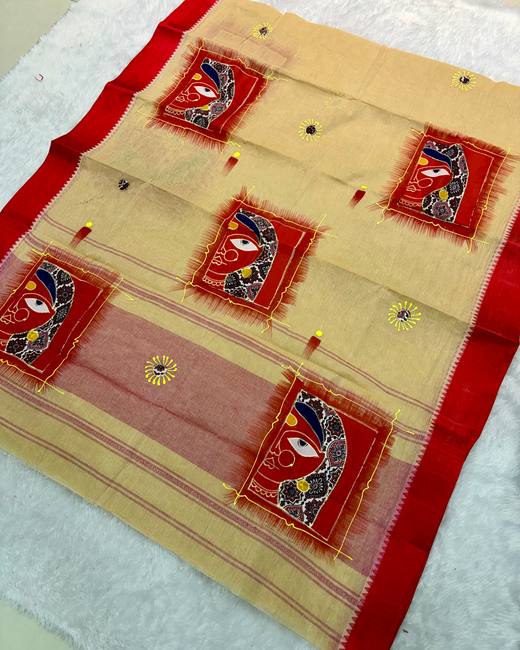 Applique Patchwork Bengal Tant Saree in Cream with Red