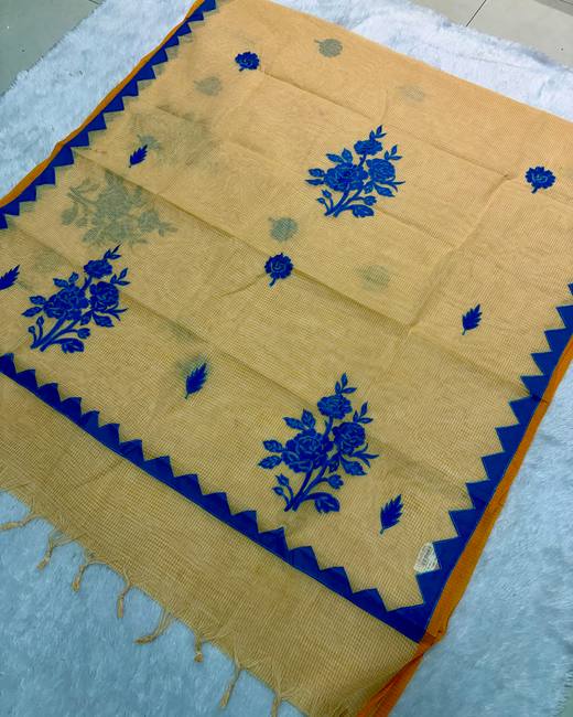 Applique Floral Bengal Tant Saree in Cream with Blue