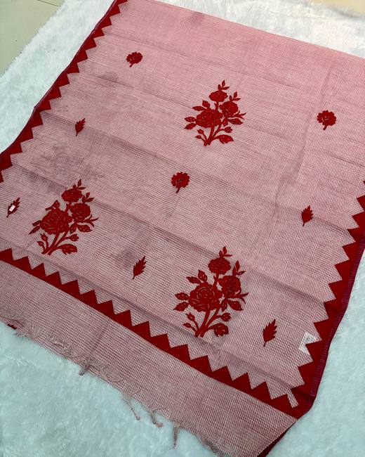Applique Floral Bengal Tant Saree in DustyPink with Maroon